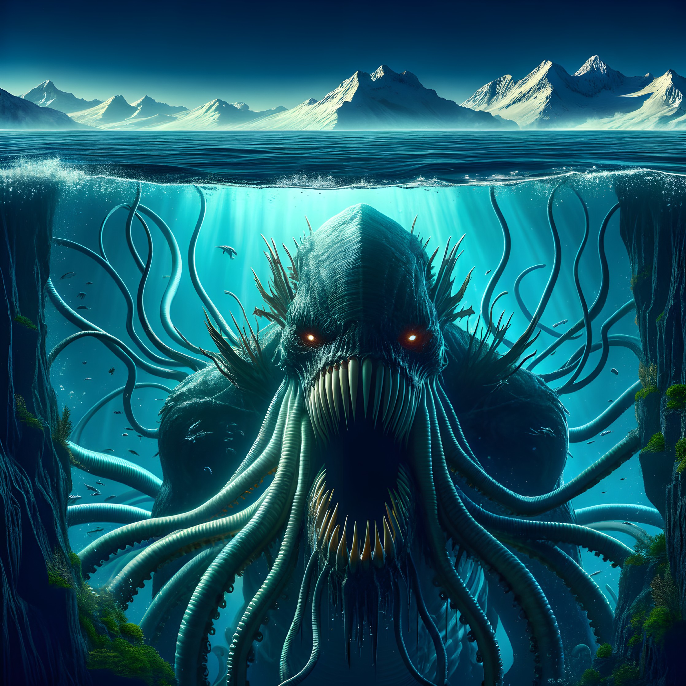 Colossal Tentacled Creature Emerging from Dark Waters