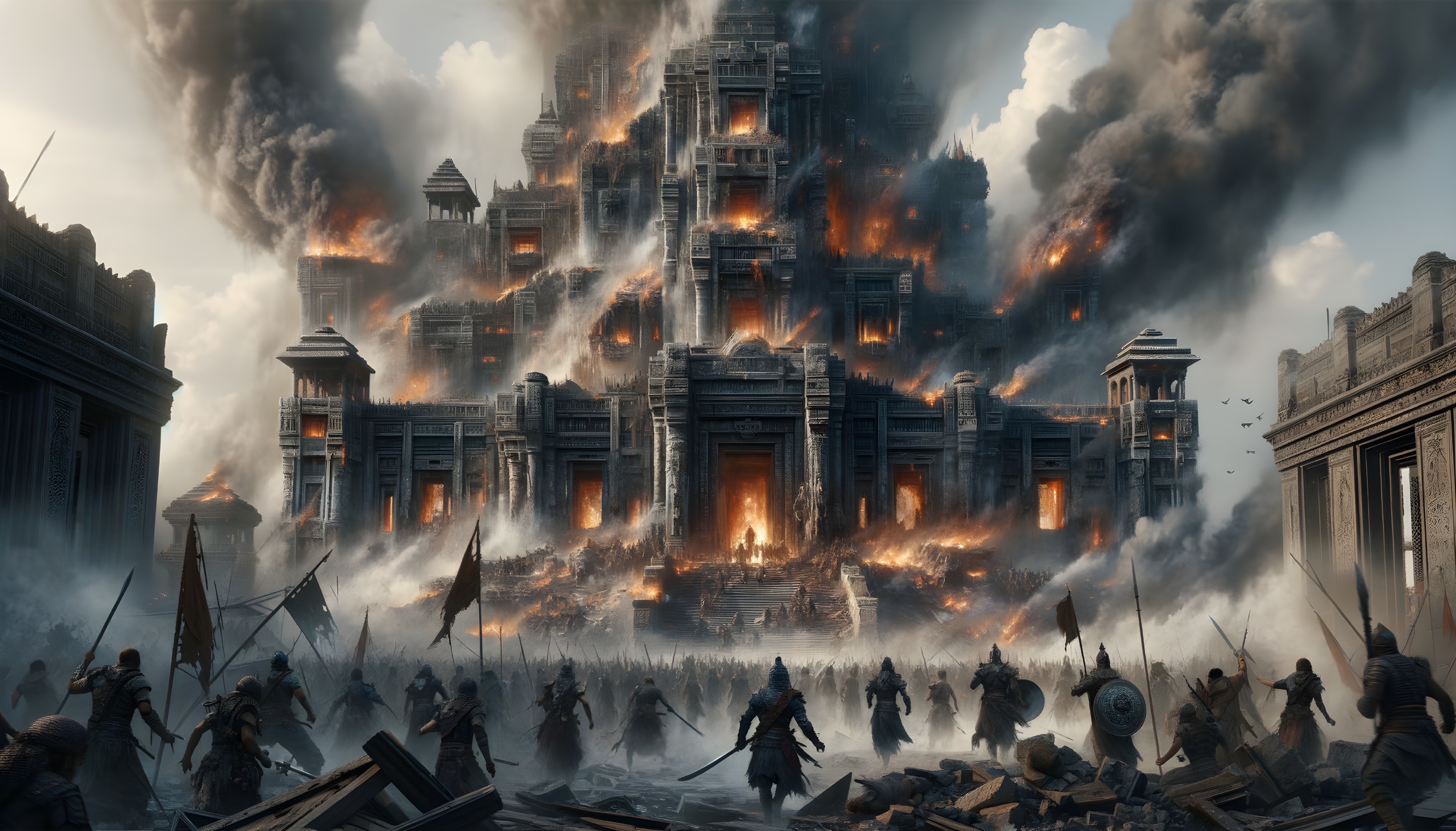 Temple in Flames Overlooks Chaotic Battlefield Scene