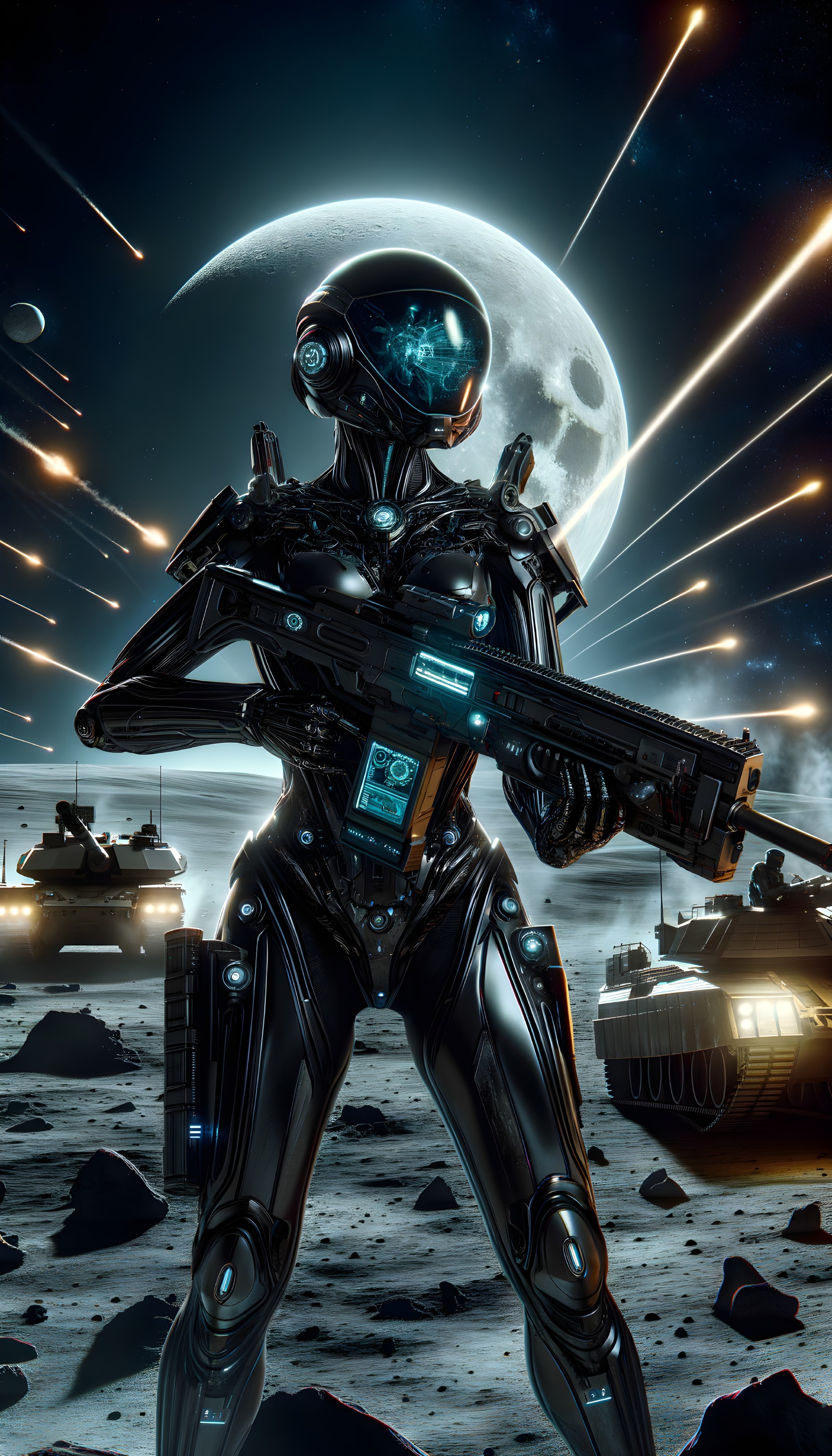 Futuristic Warrior in Black Armor on Lunar Surface