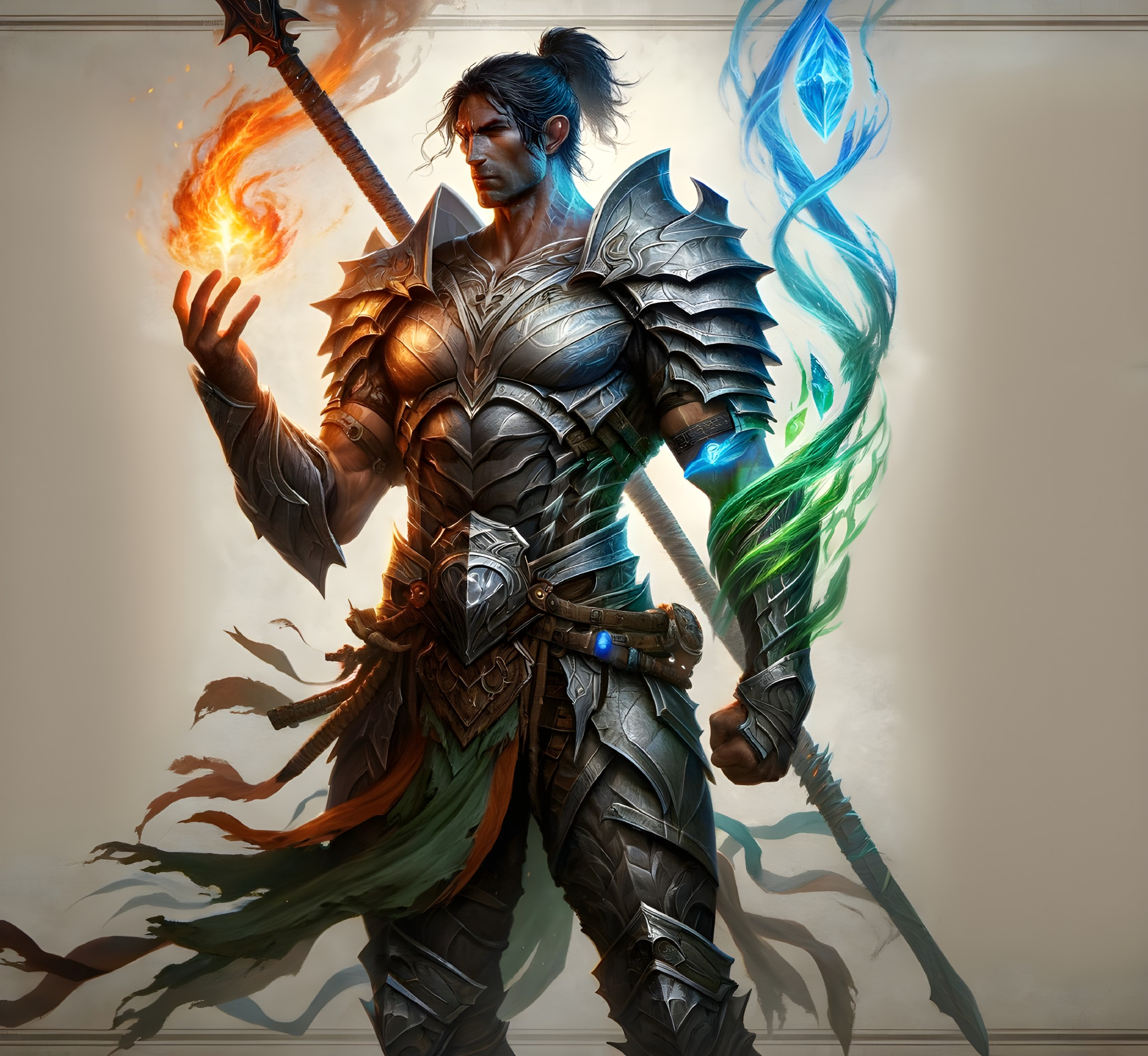 Warrior in Metallic Armor with Fire and Elemental Magic