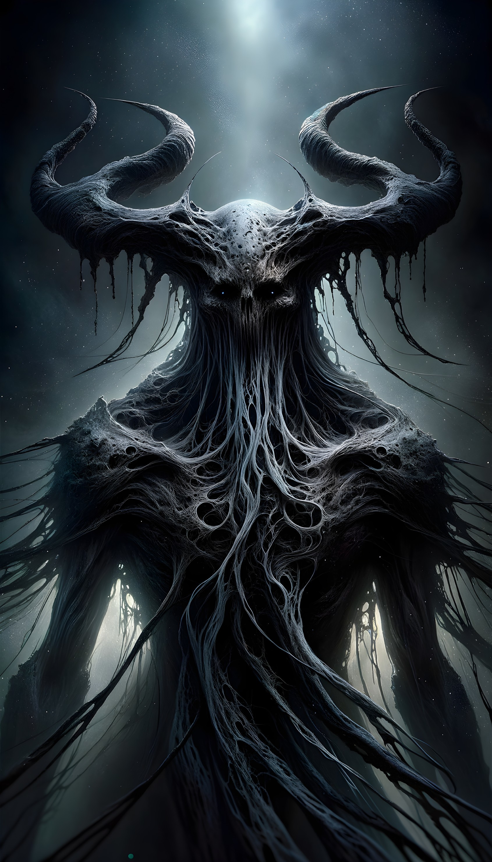 Dark Otherworldly Figure with Horns and Skeletal Face