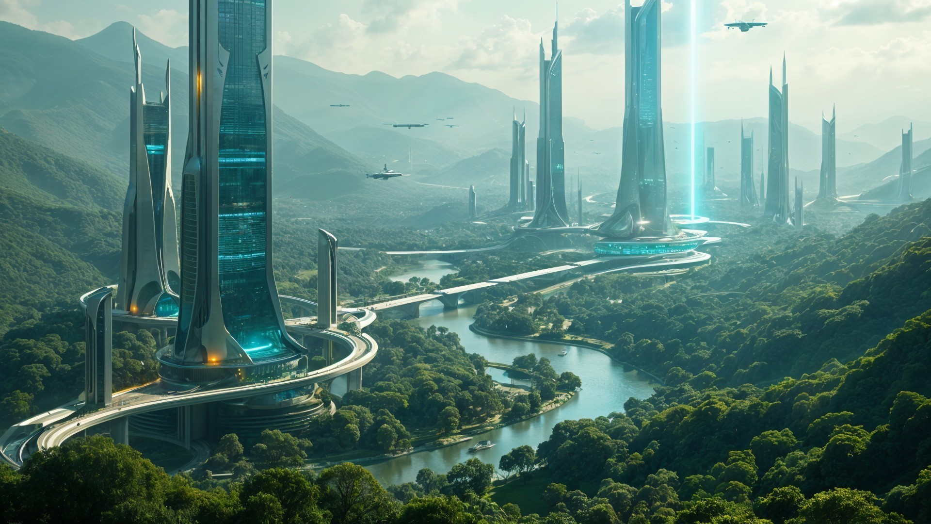 Futuristic Landscape with Skyscrapers and Mountains