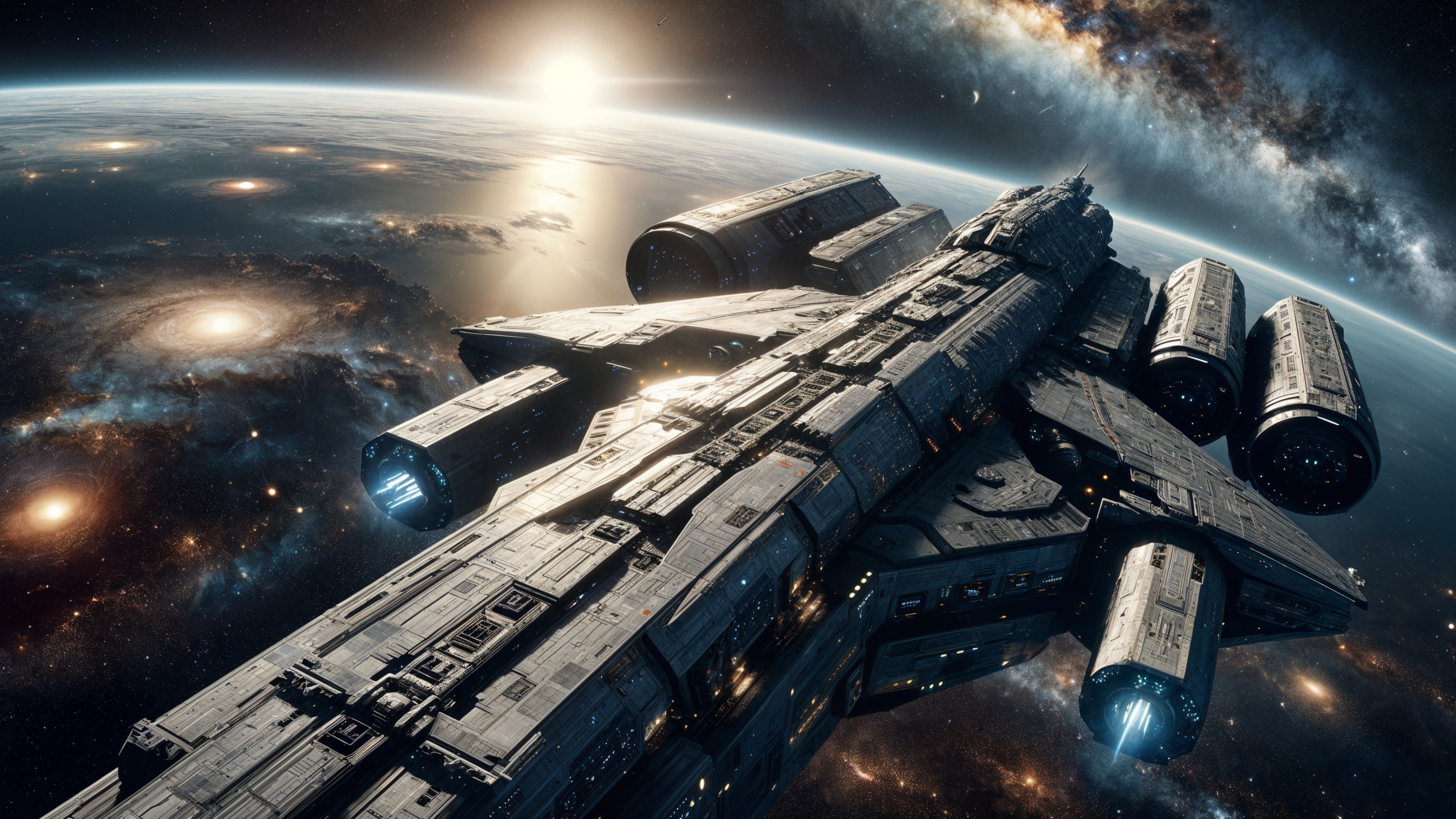 Futuristic spacecraft in cosmic exploration scene
