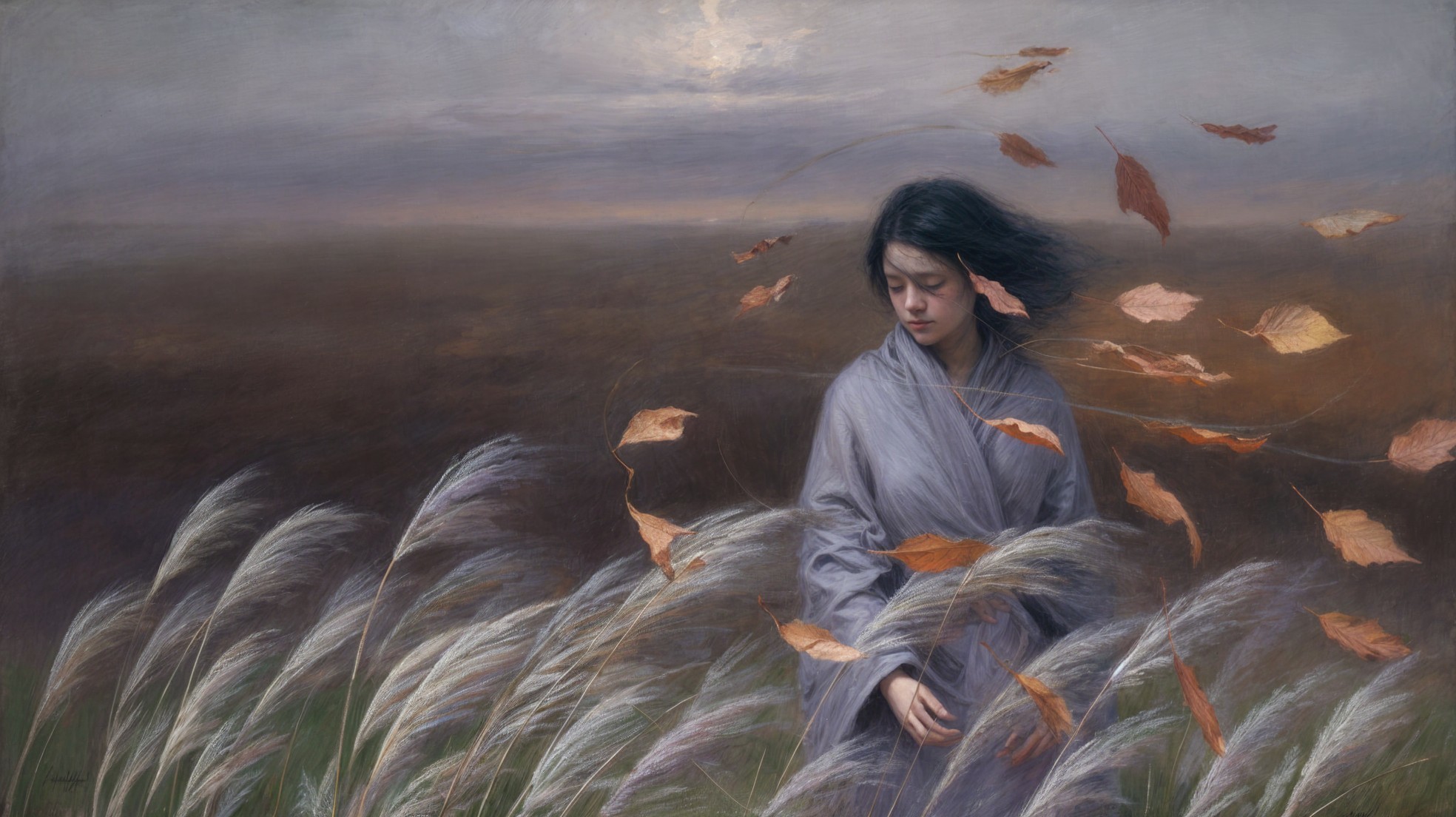 Young woman in flowing grasses with autumn leaves