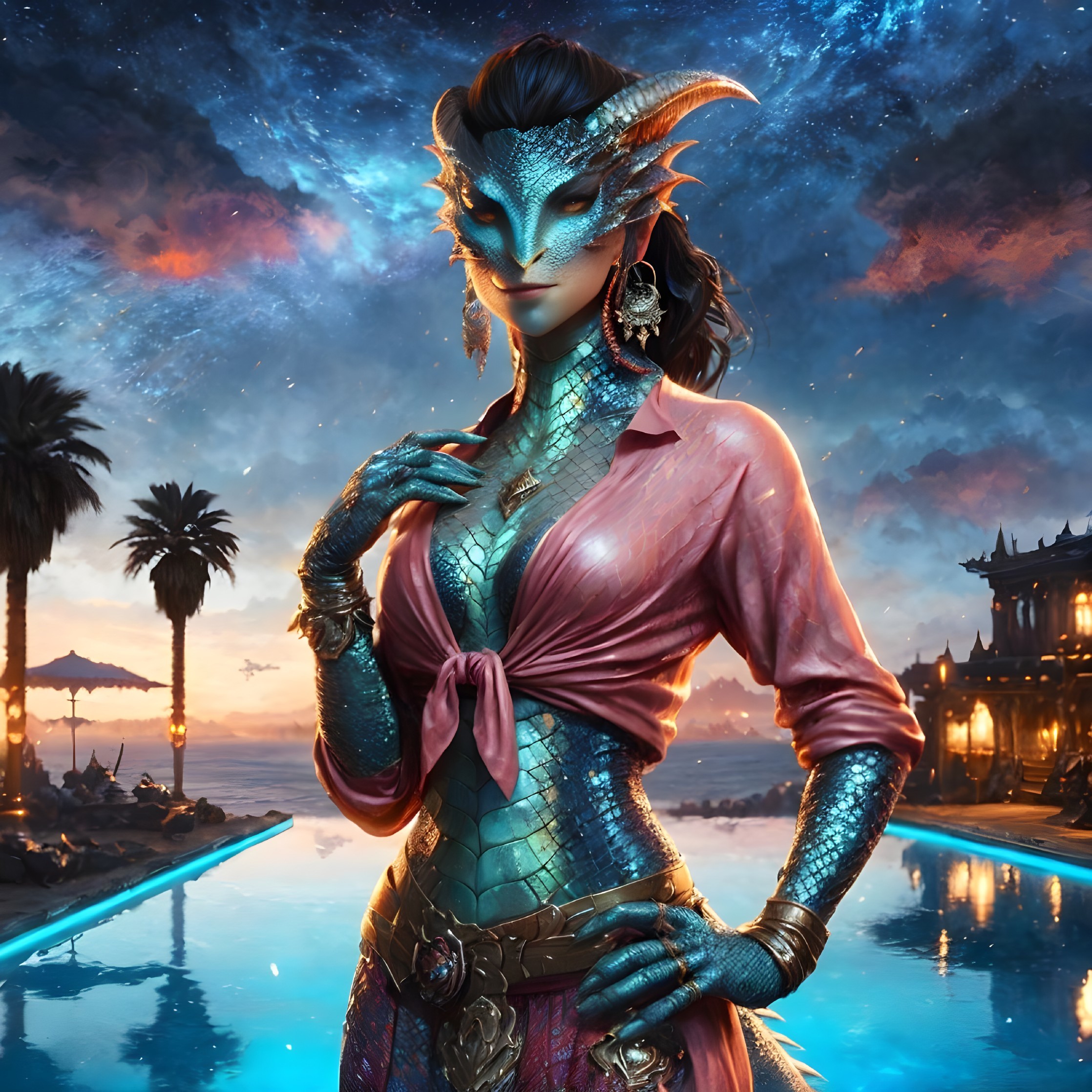 Humanoid Figure with Dragon Features by Shimmering Pool