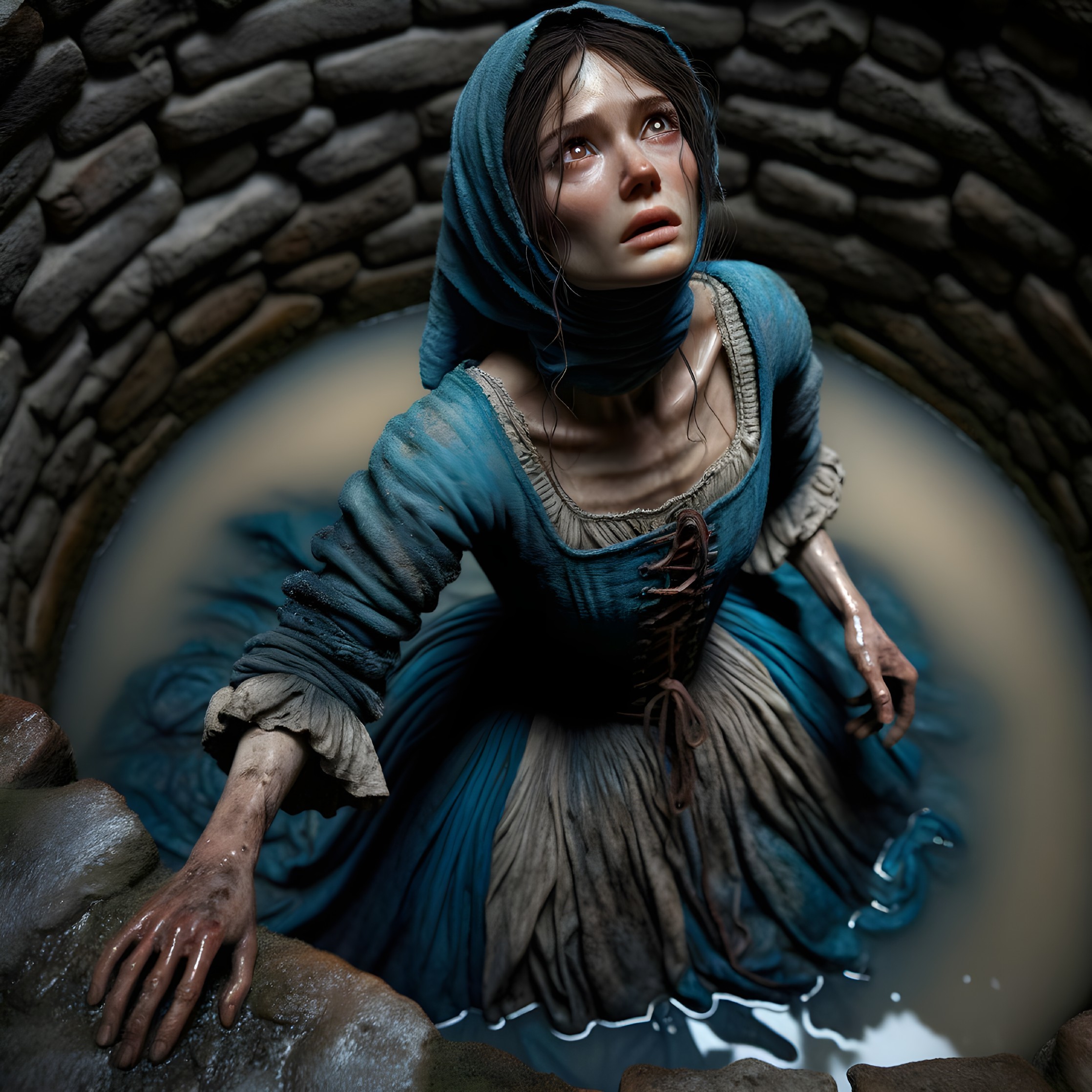 Young Woman in Tattered Dress at Bottom of Well
