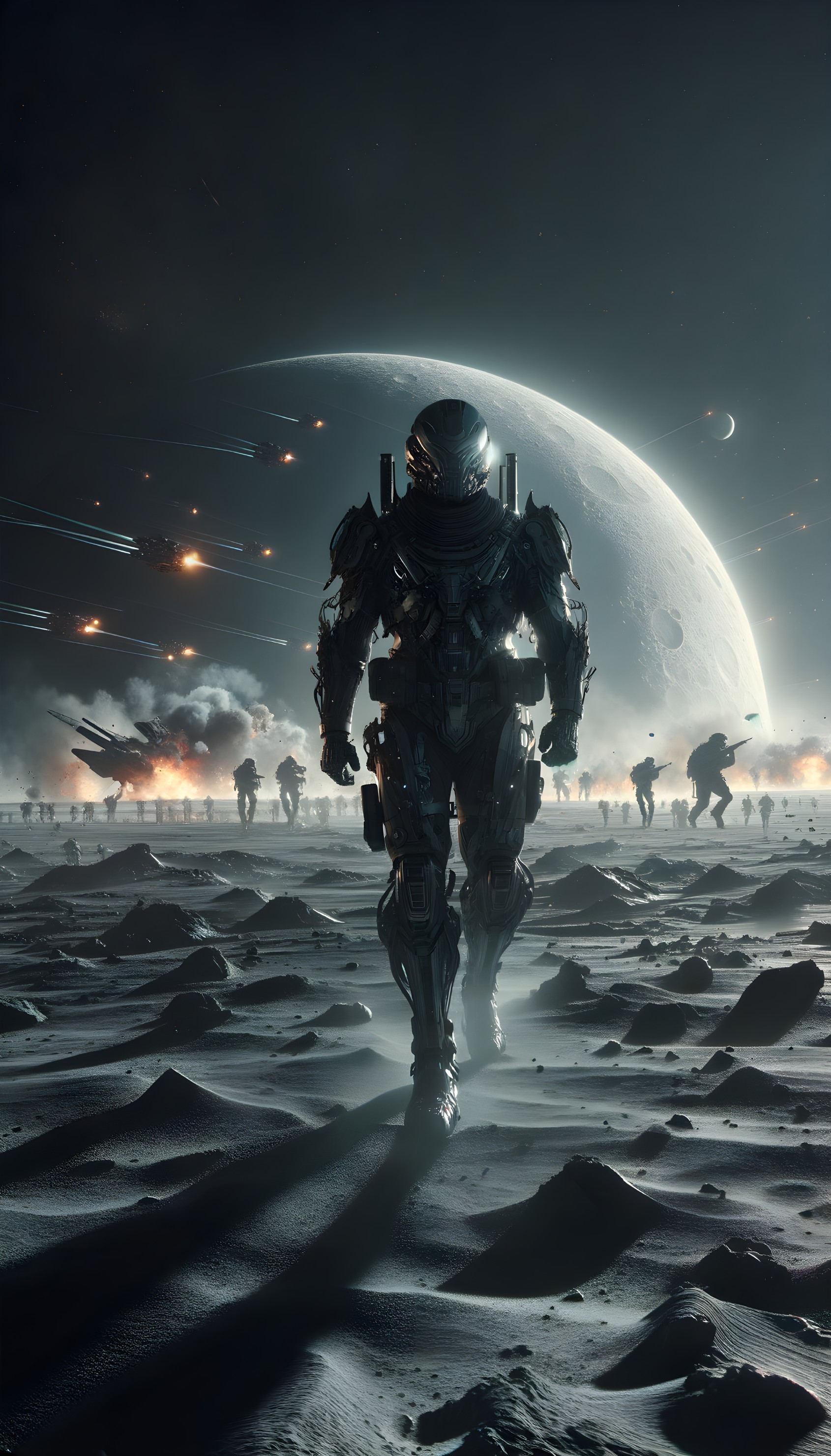 Futuristic Battle Scene with Armored Soldier and Moon