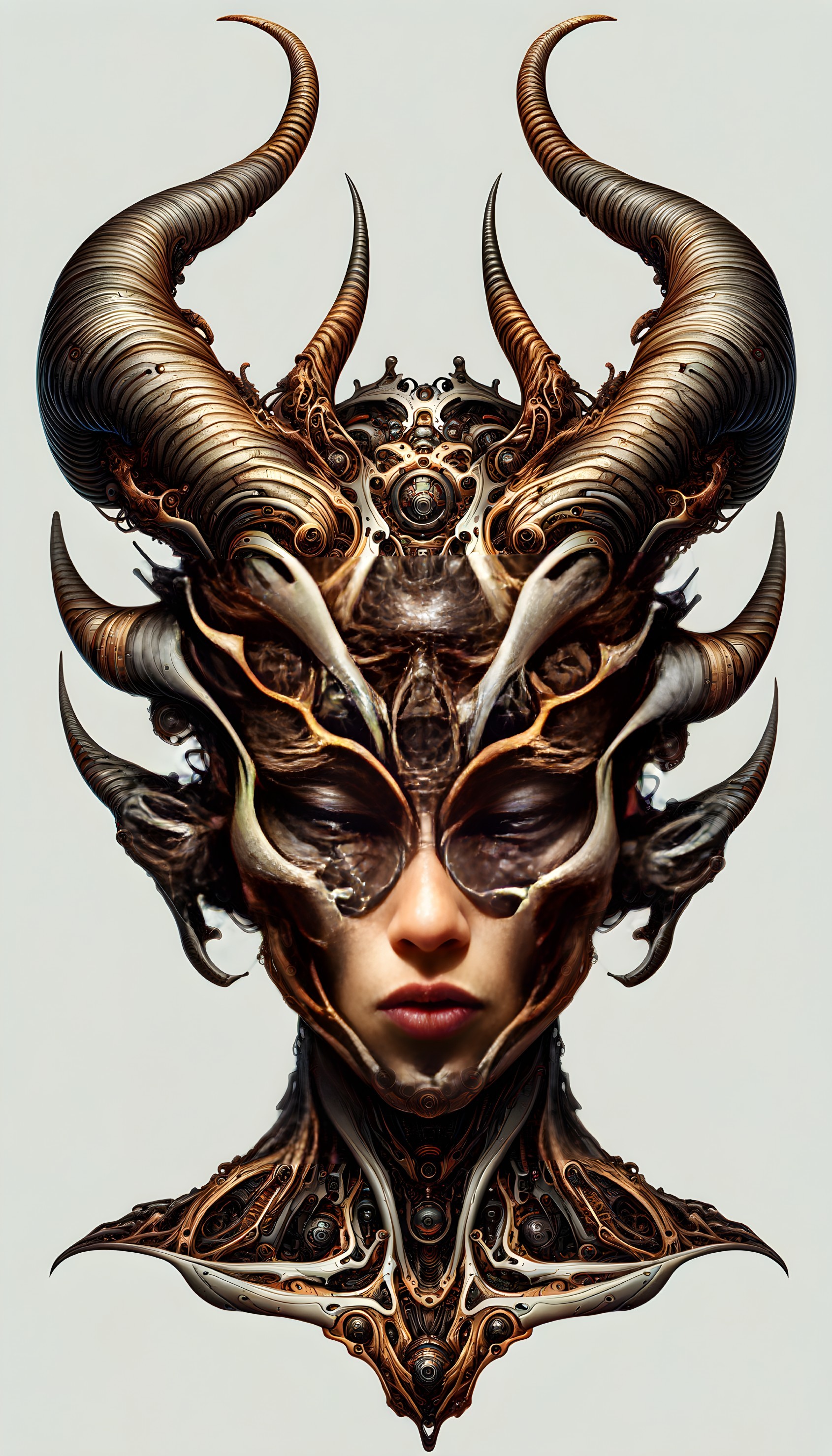 Fantasy Character with Intricate Metallic Horned Mask