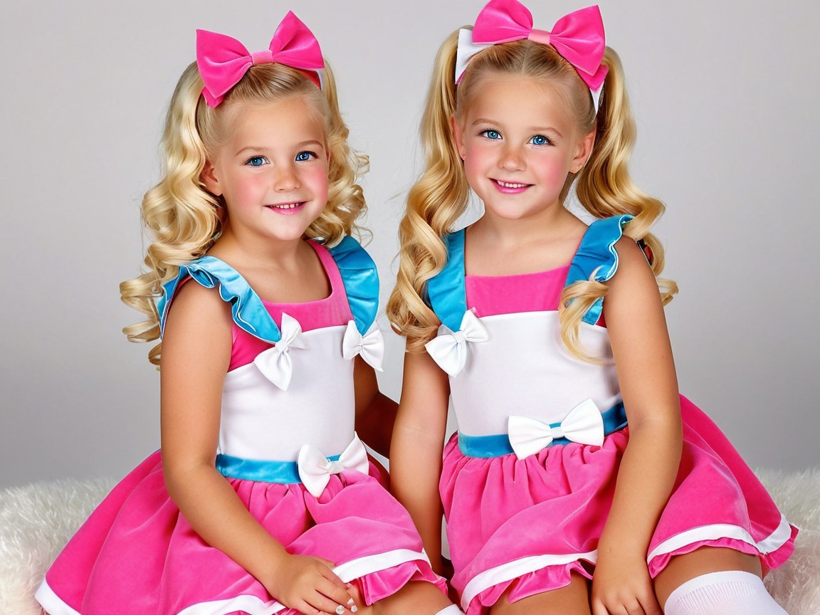 Young girls in matching vibrant pink dresses with bows