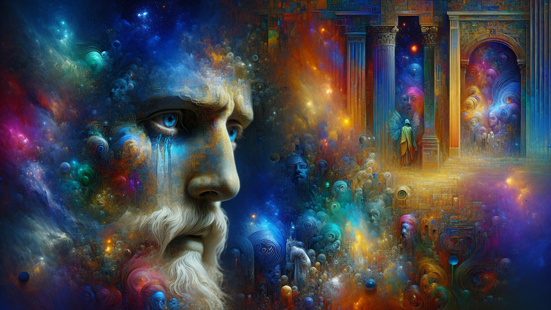 Surreal Cosmic Landscape with Weeping Face and Figures