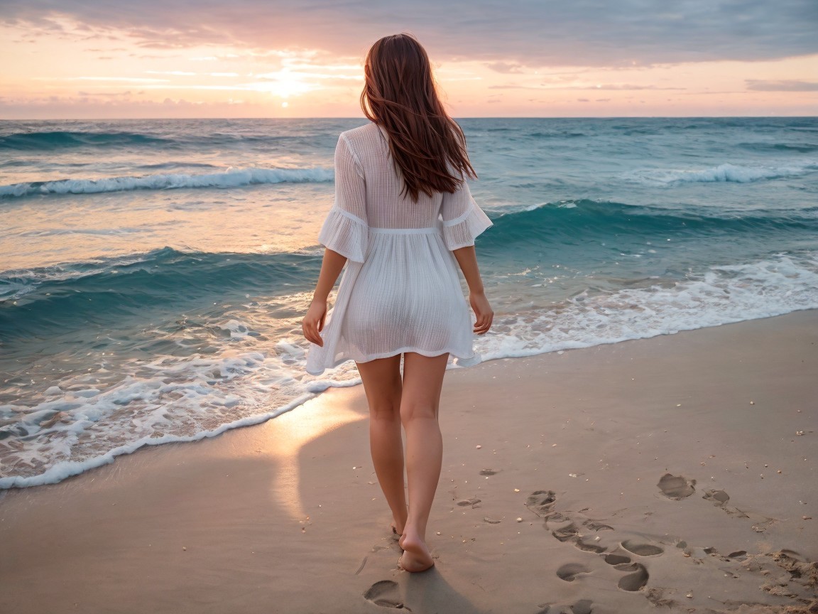 Young woman in white dress walks on serene beach at sunset