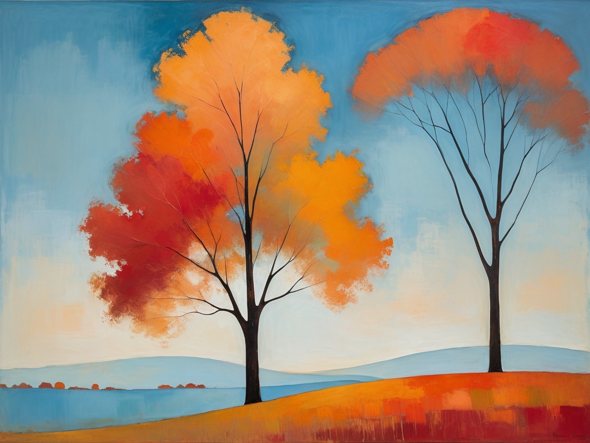Vibrant Autumn Landscape with Stylized Trees and Hills