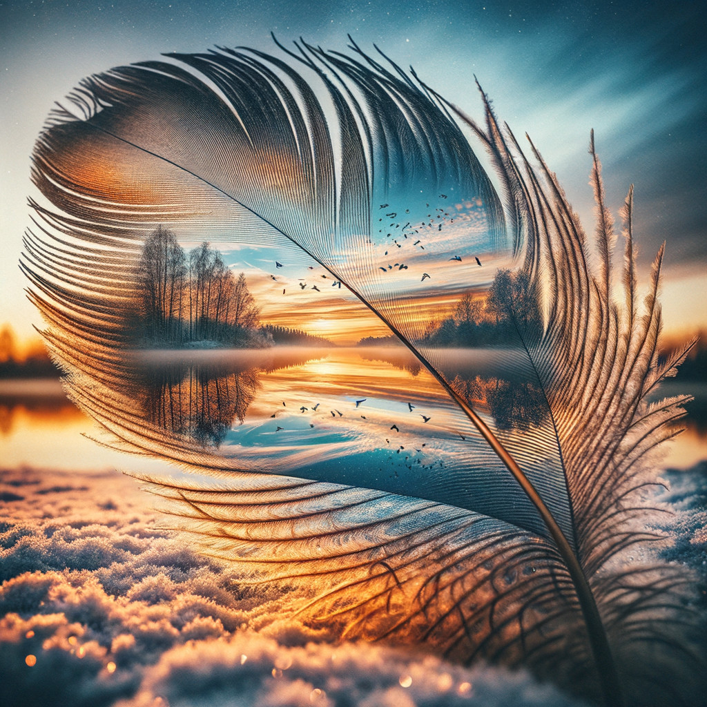Delicate Feather Blending with Serene Sunset Landscape