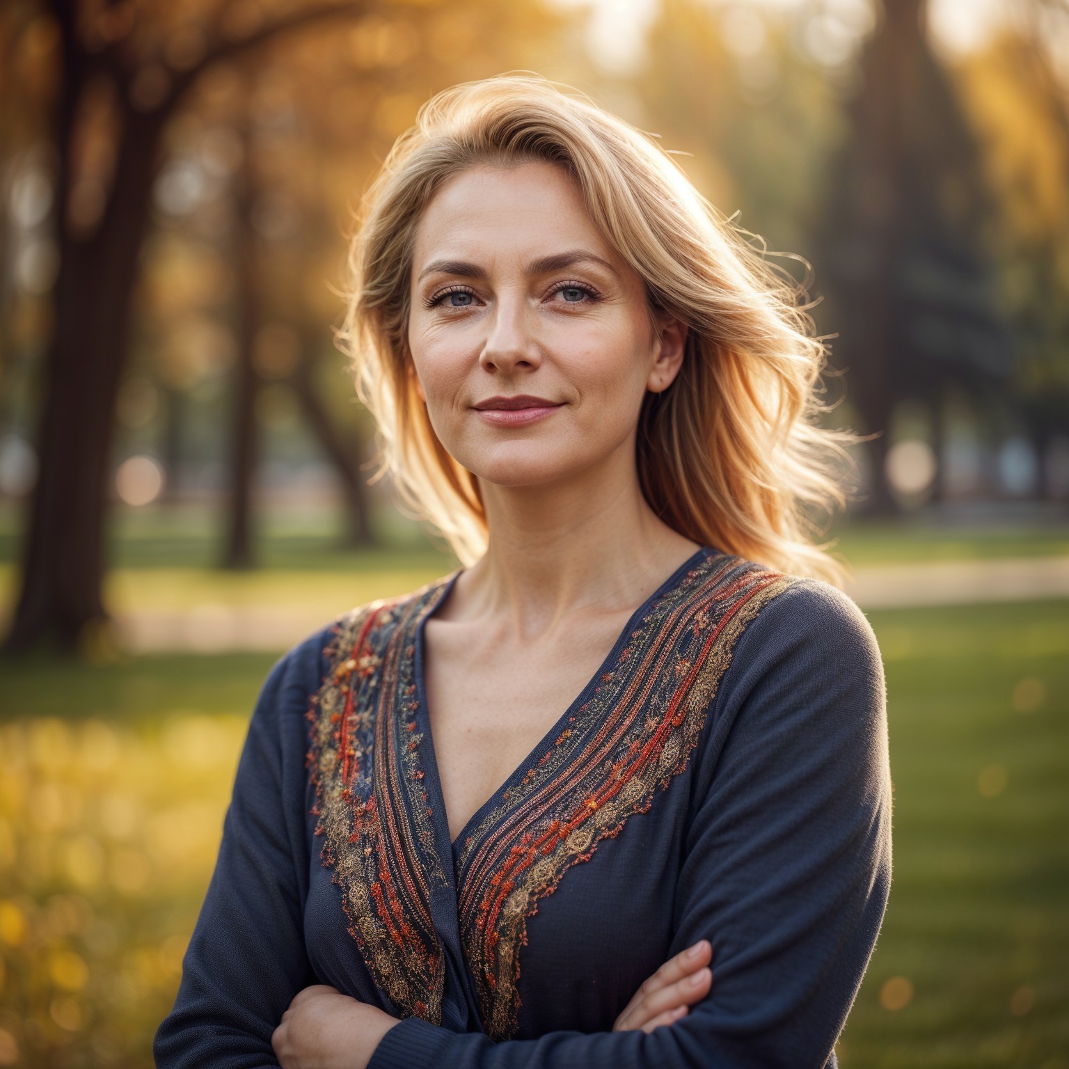 Confident Woman in Autumn Park with Sunlit Trees