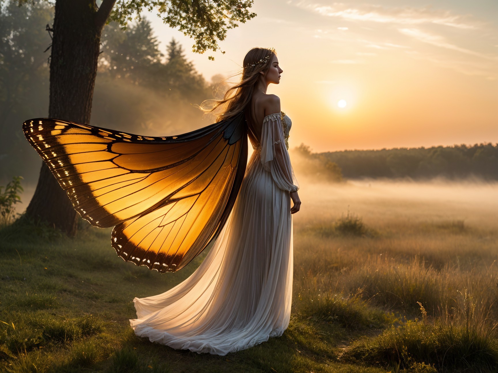 Dawn Scene with Woman and Butterfly Wings in Field