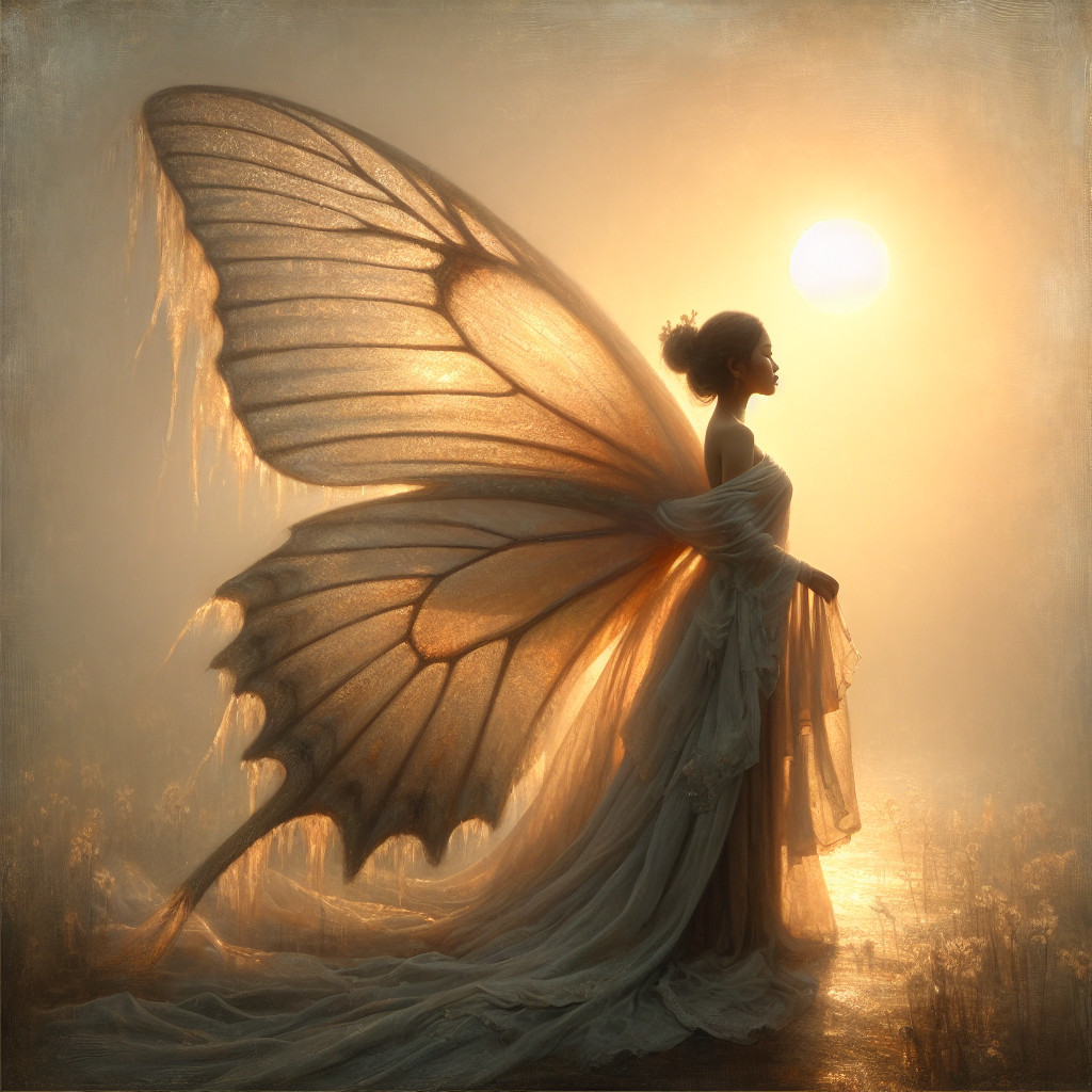 Silhouette of a Figure with Butterfly Wings at Sunset