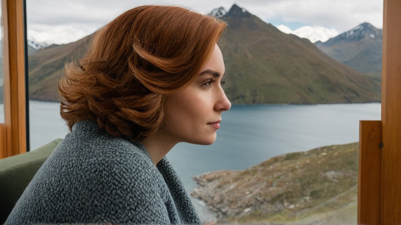 Woman with Red Hair by Window in Mountain Landscape