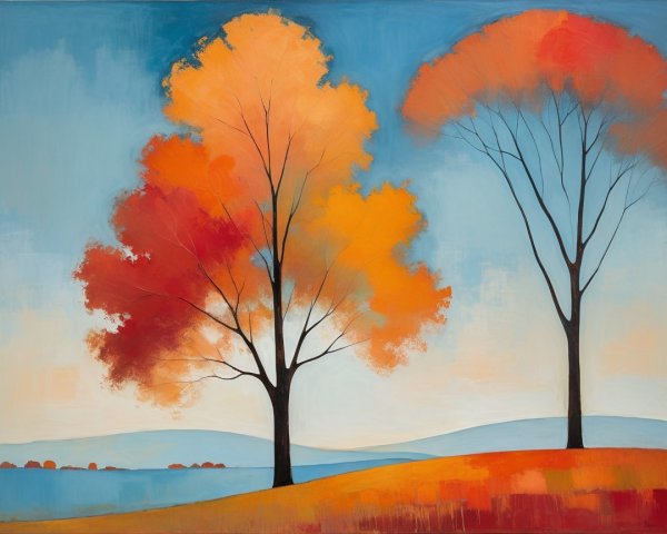 Vibrant Autumn Landscape with Stylized Trees and Hills