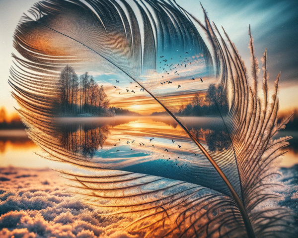 Delicate Feather Blending with Serene Sunset Landscape