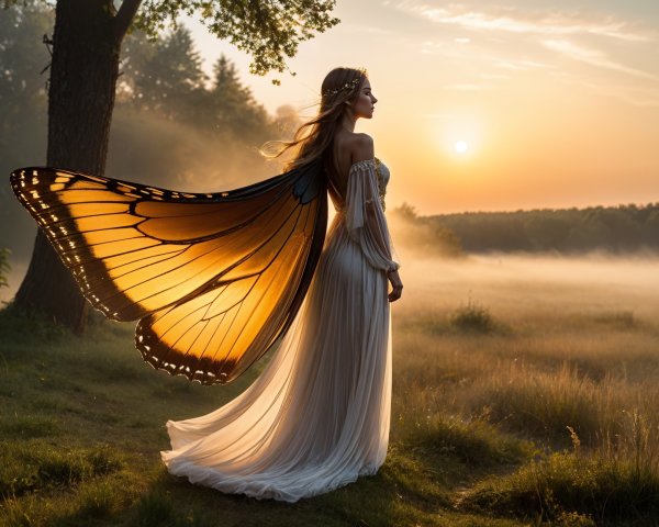 Dawn Scene with Woman and Butterfly Wings in Field