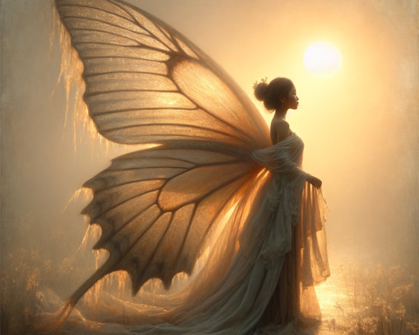 Silhouette of a Figure with Butterfly Wings at Sunset