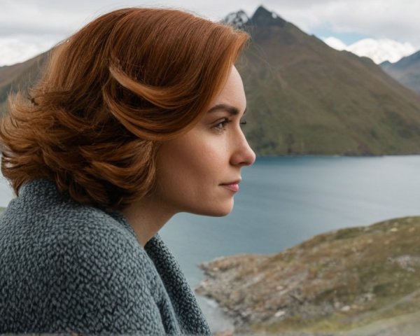 Woman with Red Hair by Window in Mountain Landscape