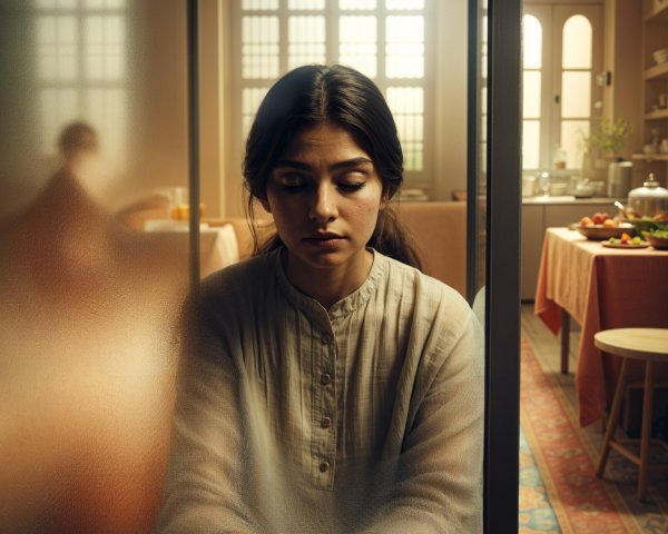 Contemplative Young Woman in Cozy Room Setting