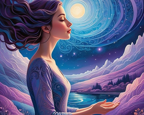 Ethereal Woman in Cosmic Background with Moonlight