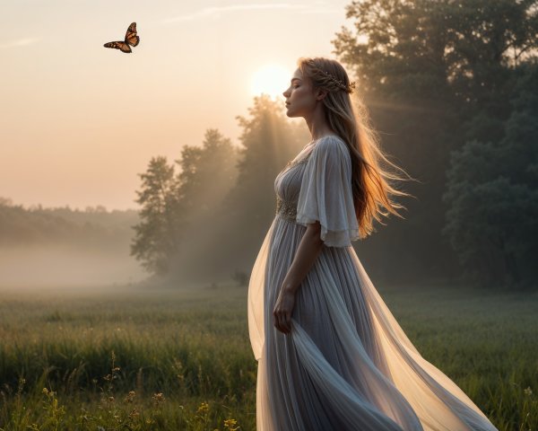 Serene woman in misty field at sunrise with butterfly