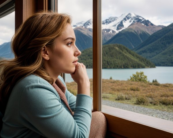 Young Woman Contemplating Scenic Mountain Landscape