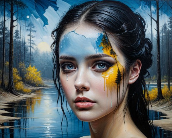 Young Woman with Painted Face in Serene Landscape