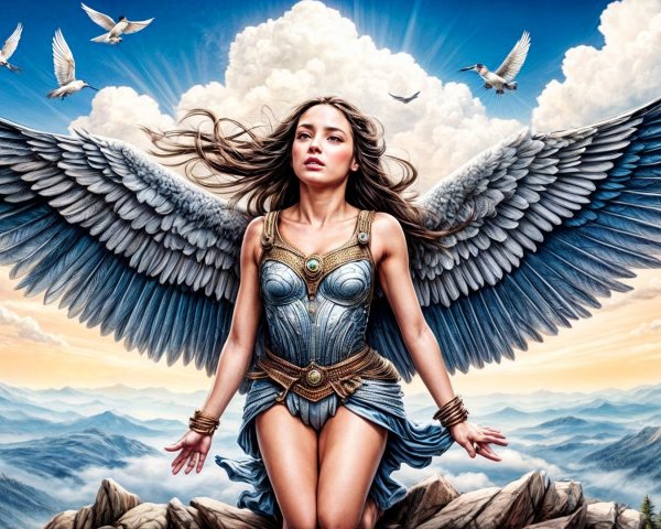 Majestic Winged Figure on Rocky Outcrop Against Sky