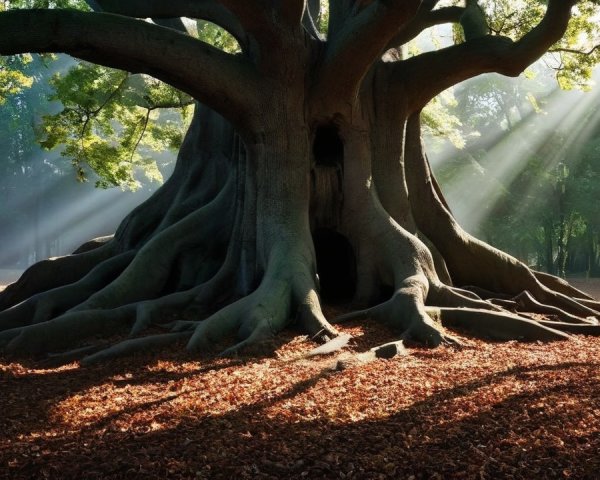 Ancient Tree in Serene Forest with Sunlight and Mist