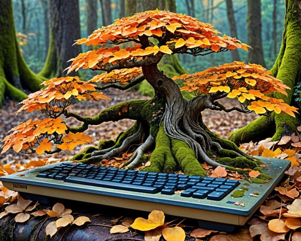 Bonsai Tree with Golden-Orange Leaves on Keyboard
