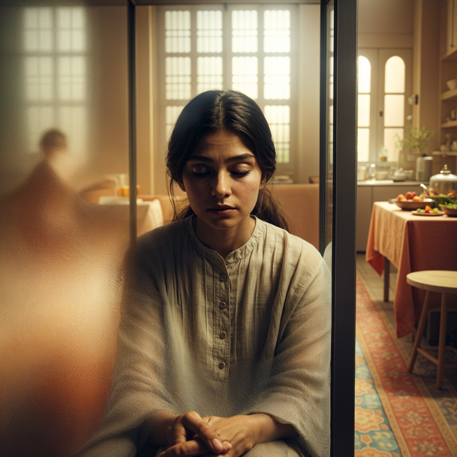 Contemplative Young Woman in Cozy Room Setting