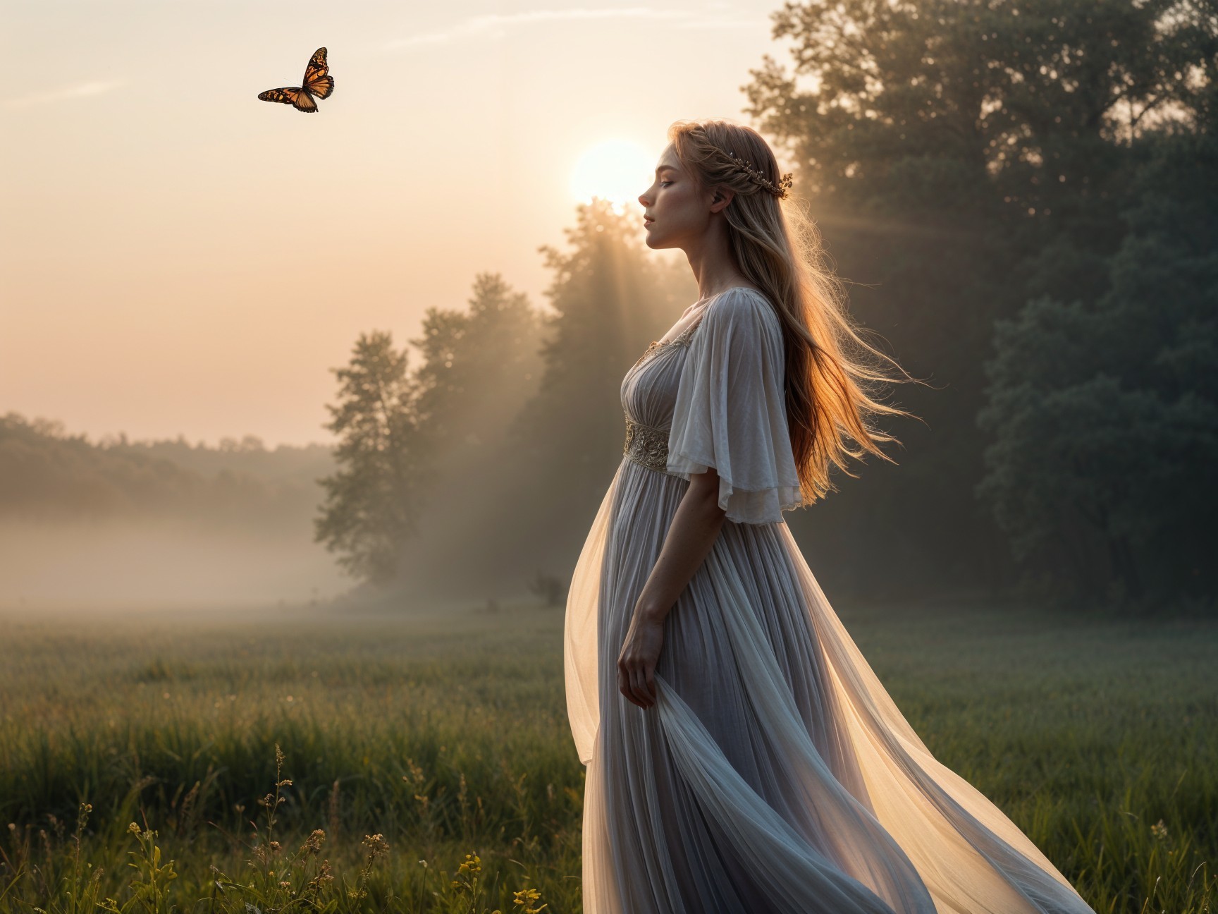 Serene woman in misty field at sunrise with butterfly