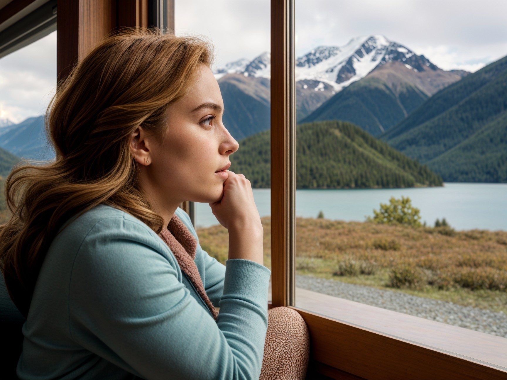 Young Woman Contemplating Scenic Mountain Landscape