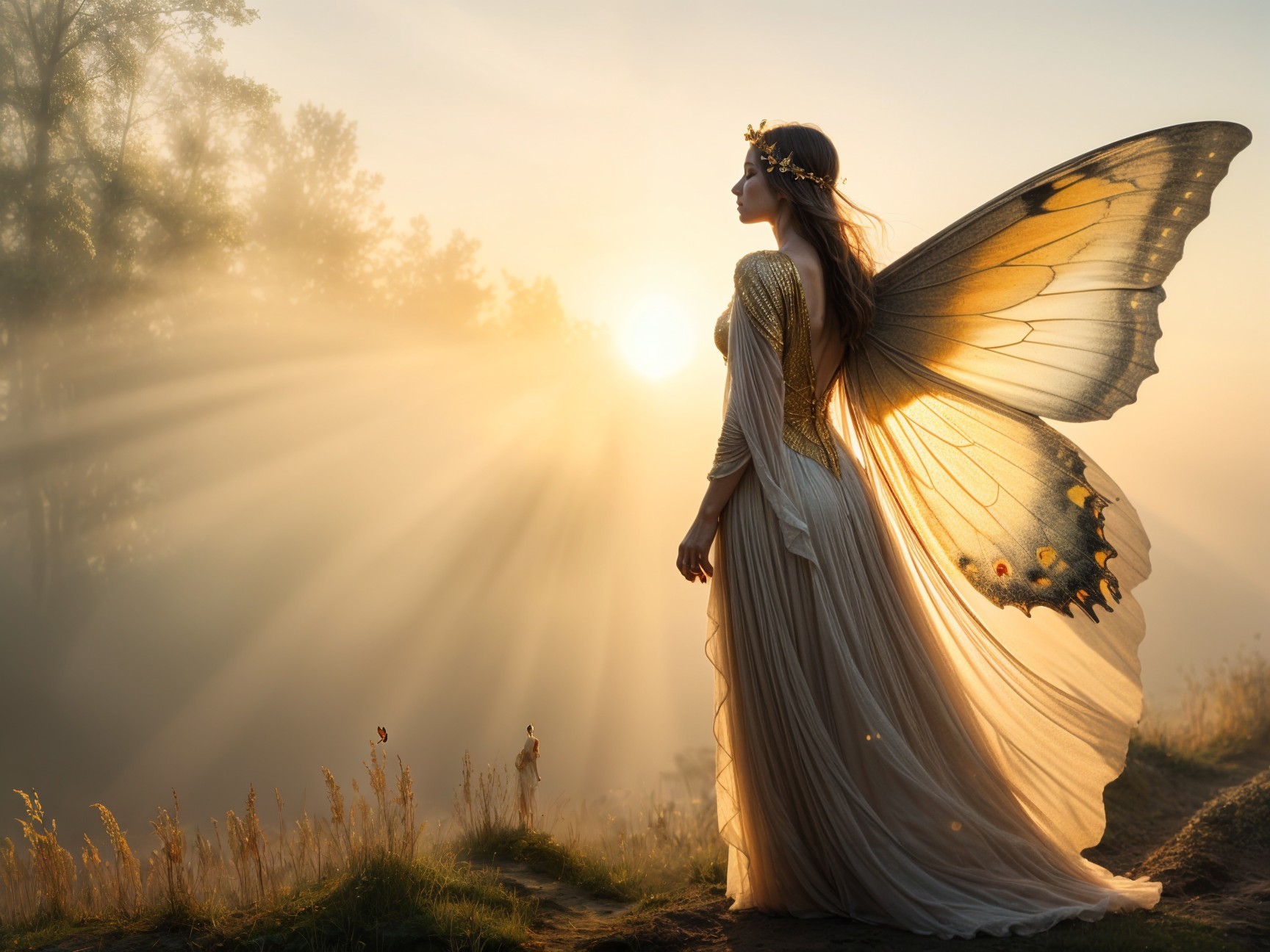 Ethereal Figure with Butterfly Wings in Mystical Setting
