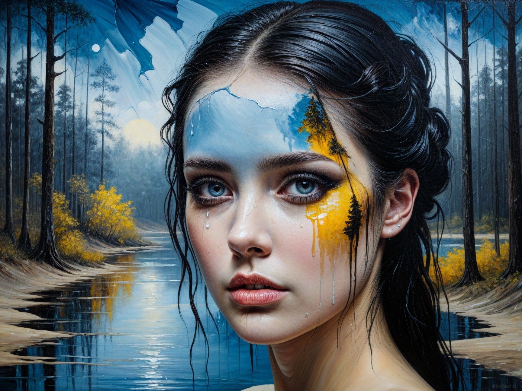 Young Woman with Painted Face in Serene Landscape