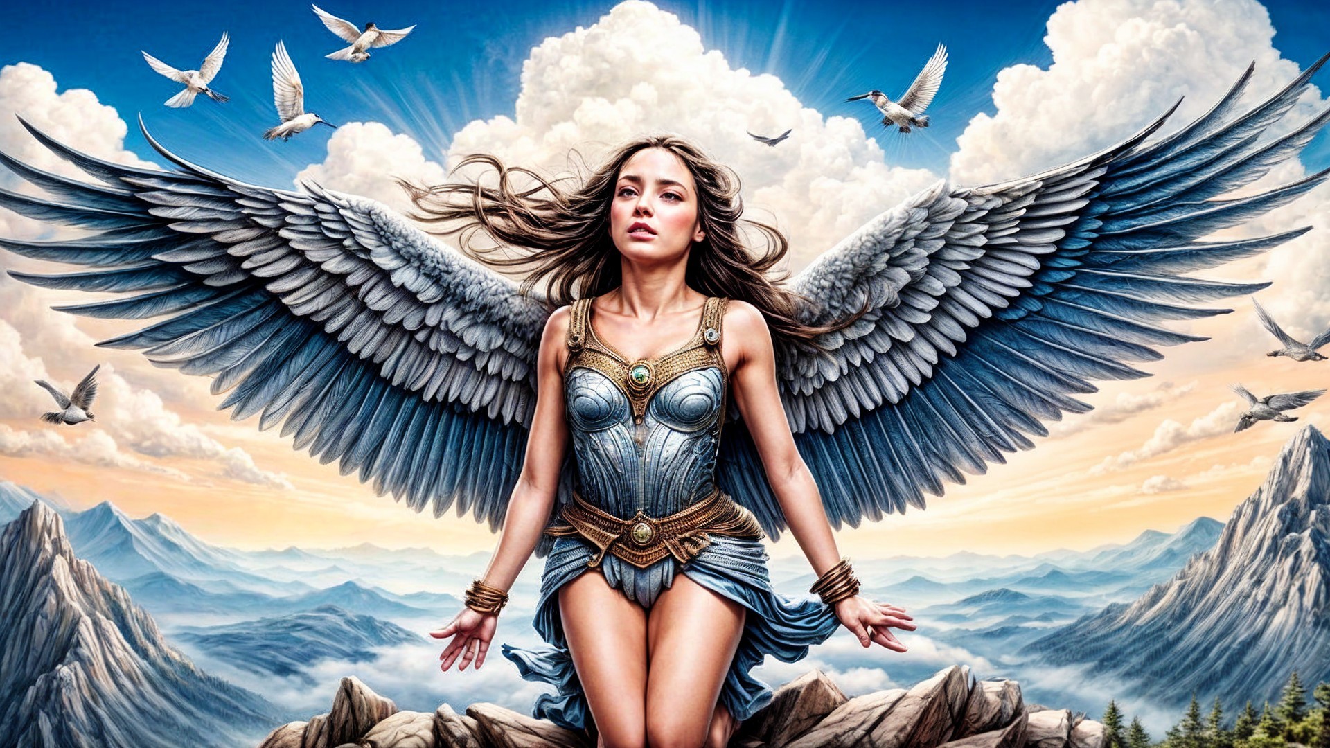 Majestic Winged Figure on Rocky Outcrop Against Sky