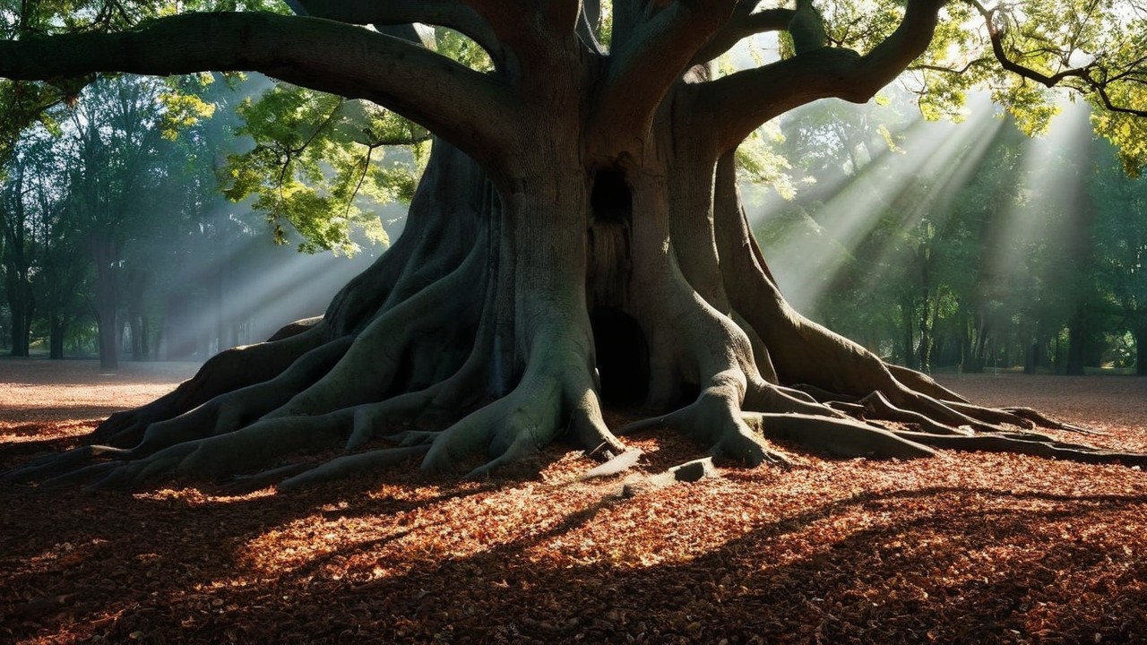 Ancient Tree in Serene Forest with Sunlight and Mist