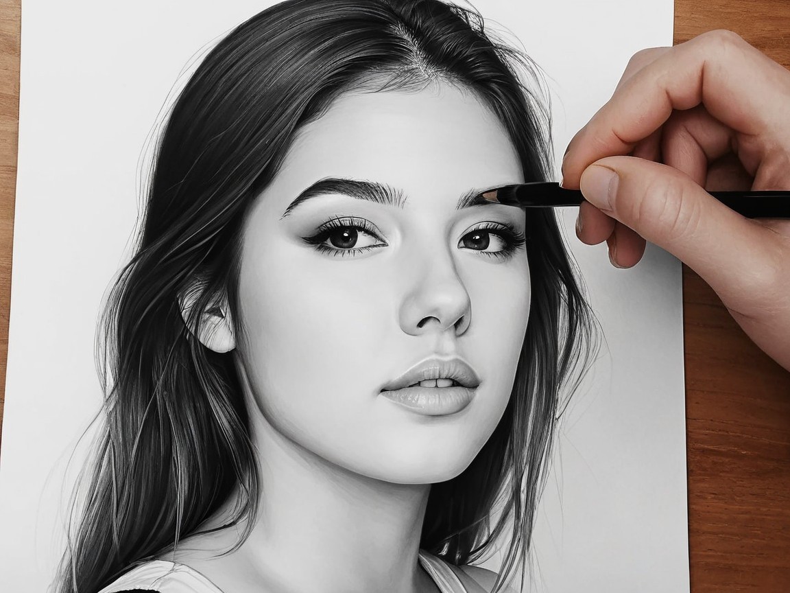 Close-up of a monochrome portrait of a young woman