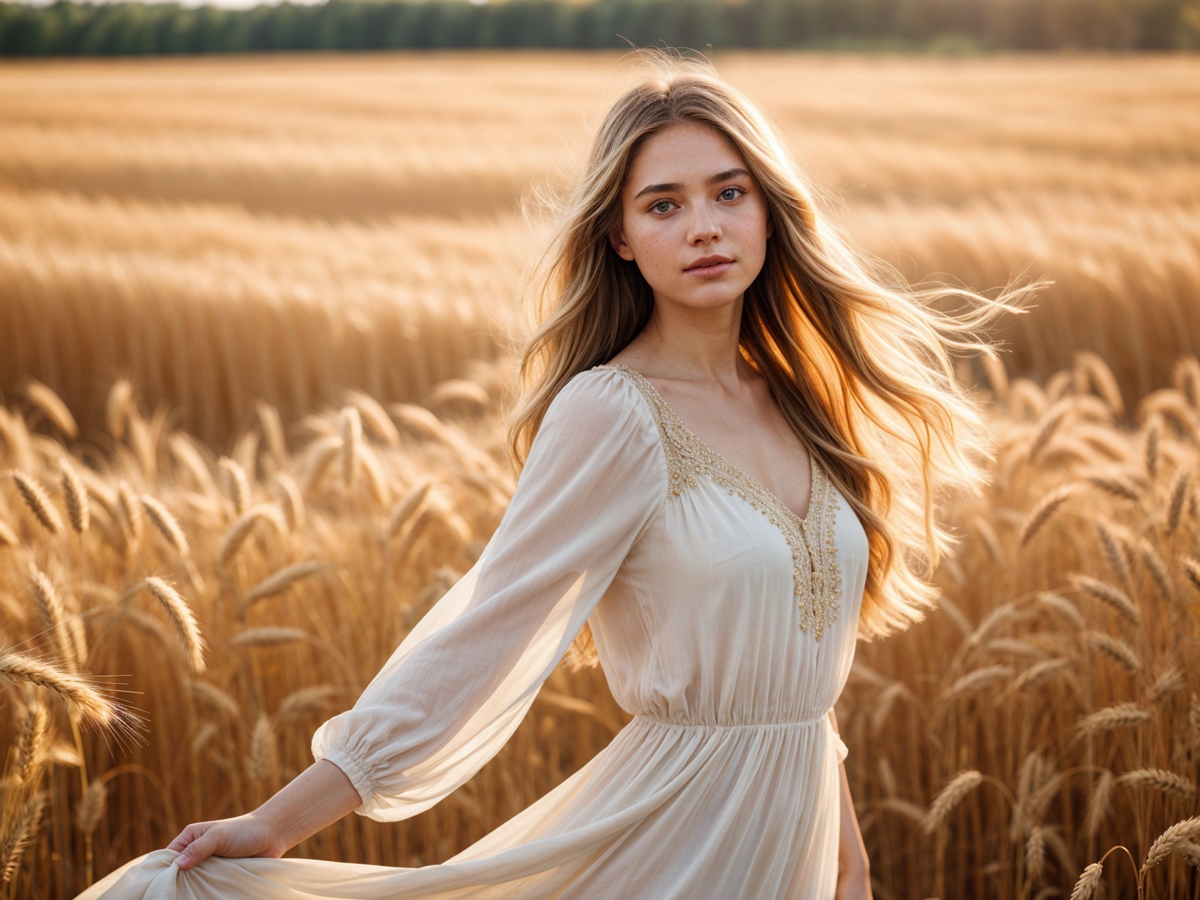 Young Woman in Cream Dress in Wheat Field