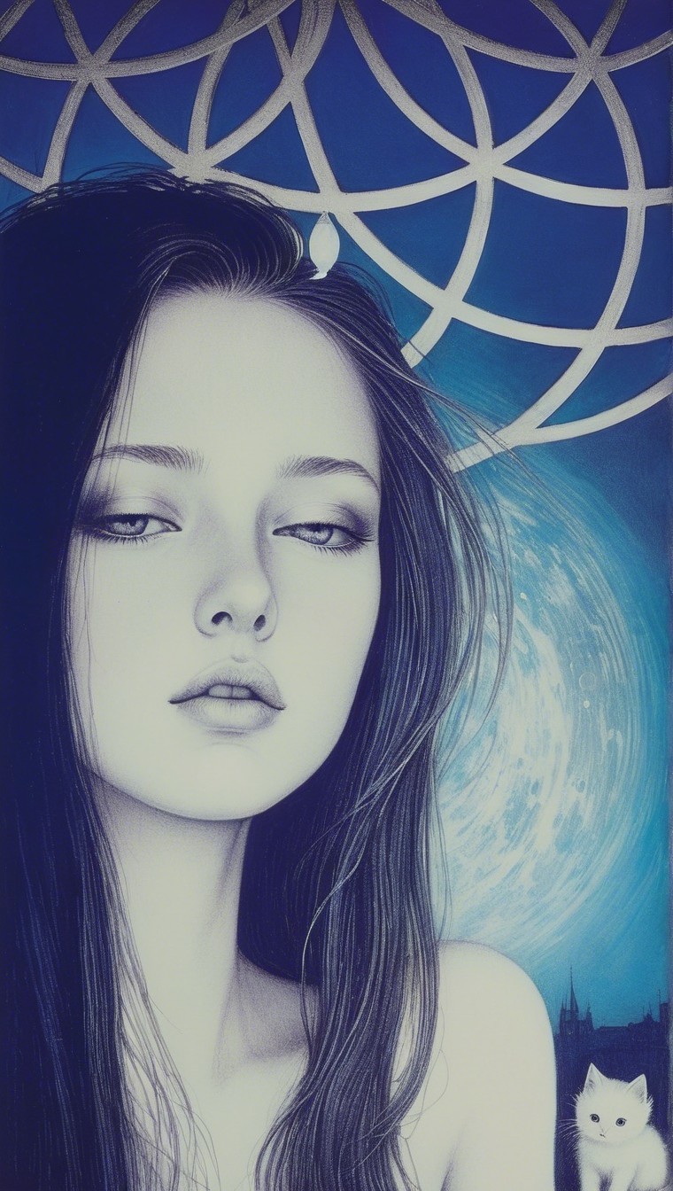 Serene Young Woman with Cat and Geometric Patterns