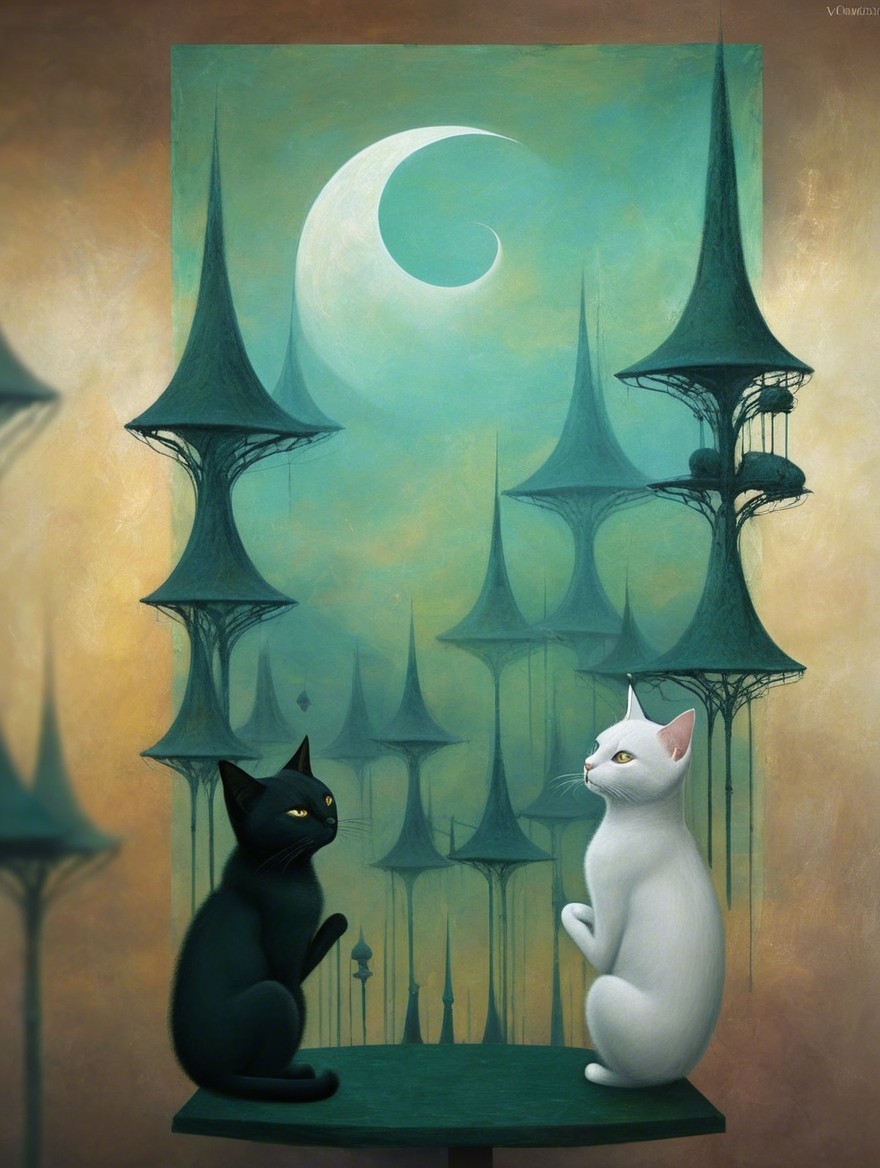 Cats on Table with Surreal Dreamlike Background