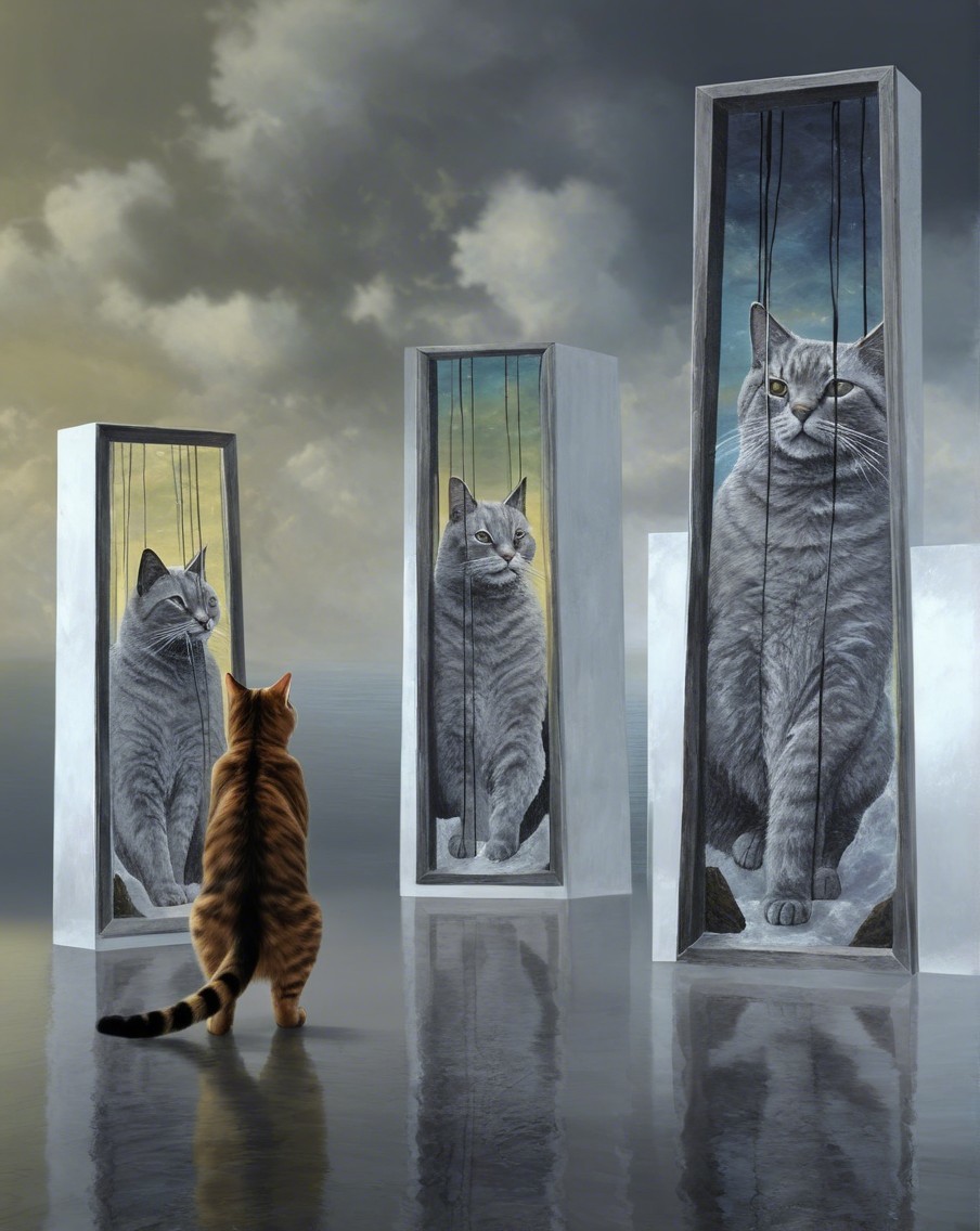 Surreal Landscape with Cat and Tabby Sculptures