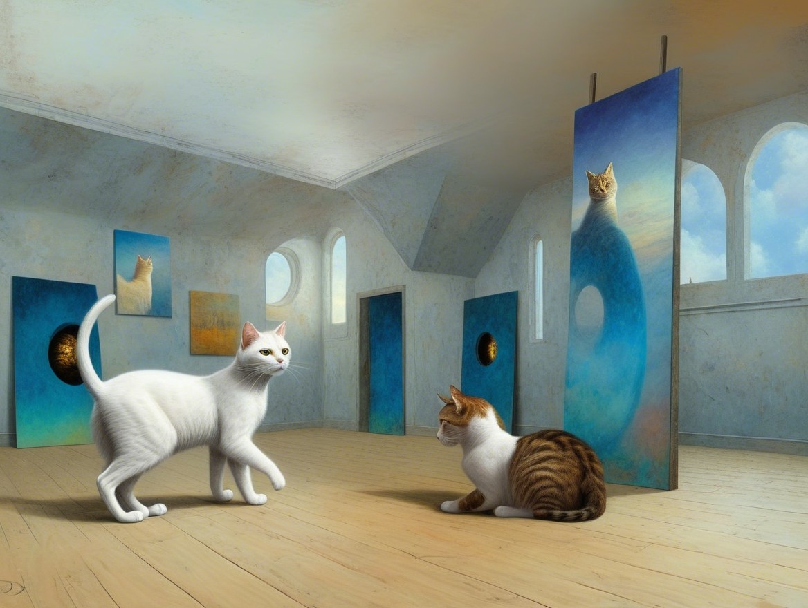 Surreal Art Gallery with Cats and Whimsical Paintings