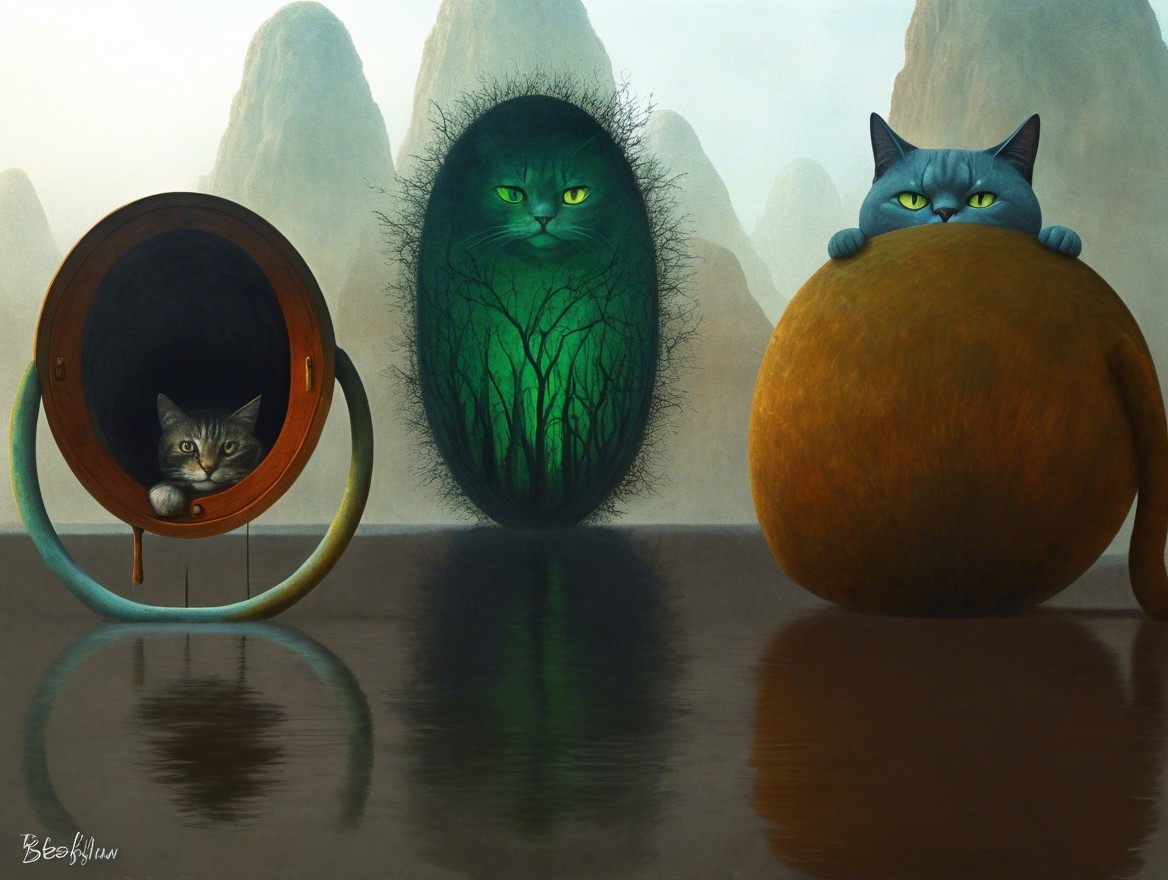 Surreal Artwork Featuring Three Unique Cat Forms
