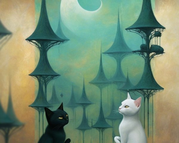 Cats on Table with Surreal Dreamlike Background