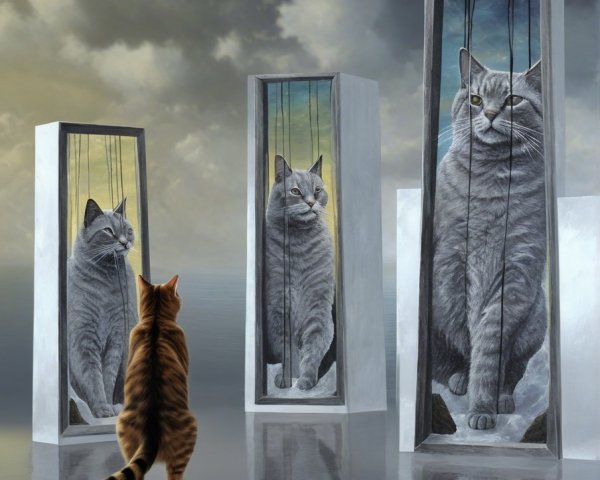 Surreal Landscape with Cat and Tabby Sculptures
